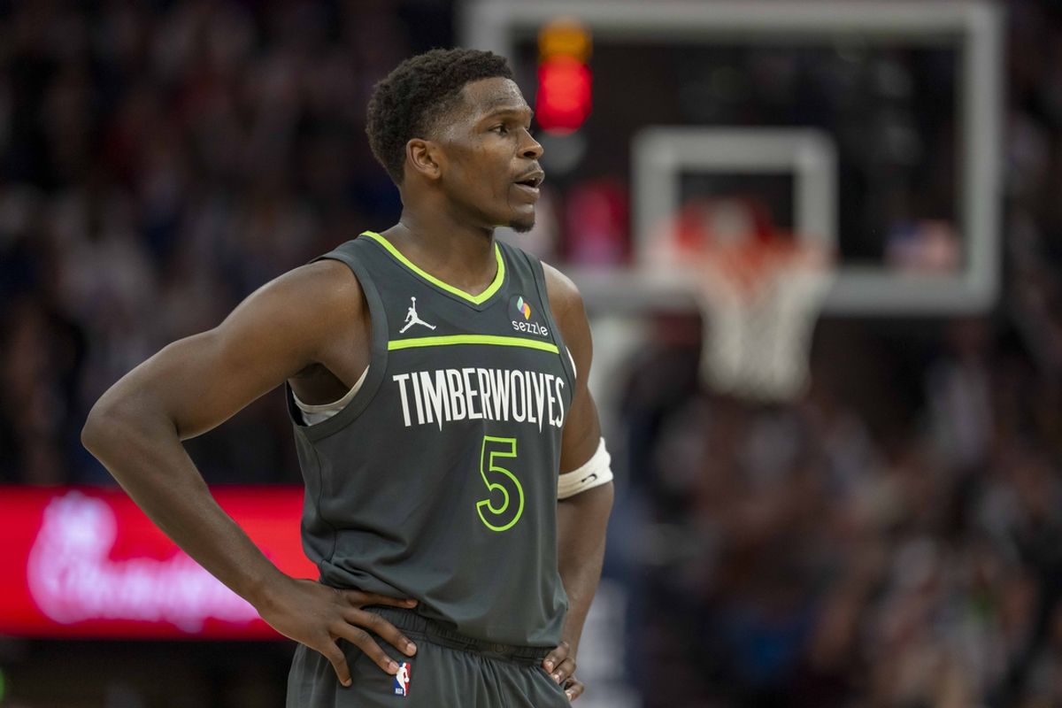 Dec 21, 2024; Minneapolis, Minnesota, USA; Minnesota Timberwolves guard Anthony Edwards (5) looks on against the Golden State Warriors in the second half at Target Center. Mandatory Credit: Jesse Johnson-Imagn Images