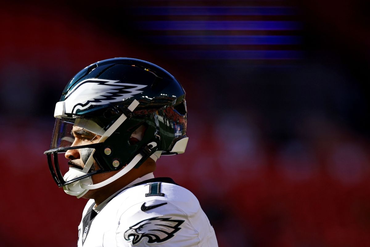 Dec 22, 2024; Landover, Maryland, USA; Philadelphia Eagles quarterback Jalen Hurts (1) warms up before playing against the Washington Commanders at Northwest Stadium. Mandatory Credit: Peter Casey-Imagn Images