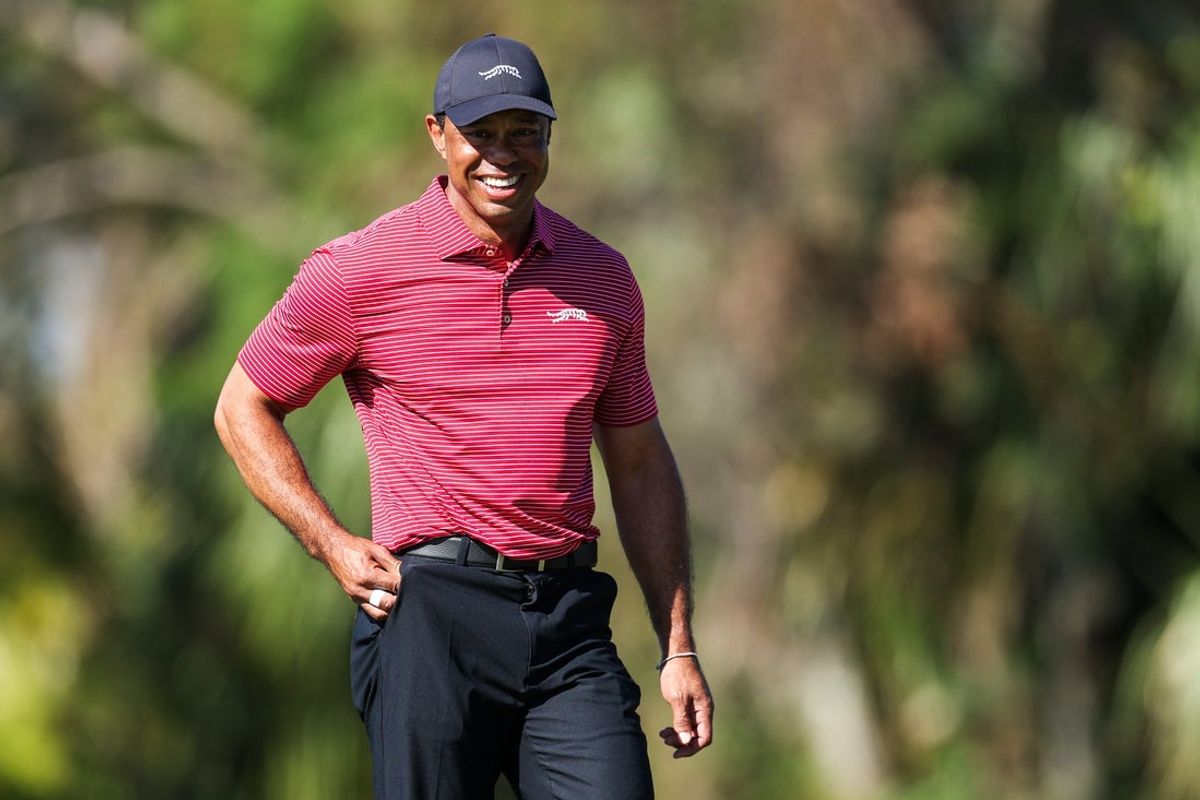 Dec 22, 2024; Orlando, Florida, [USA]; Tiger Woods looks on during the PNC Championship at The Ritz-Carlton Golf Club. Mandatory Credit: Nathan Ray Seebeck-Imagn Images