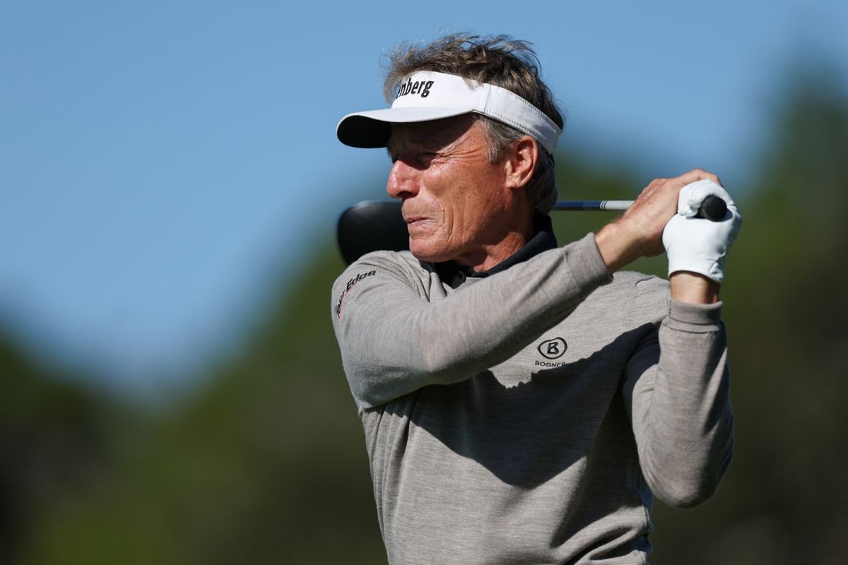 Dec 22, 2024; Orlando, Florida, [USA]; Bernhard Langer tees off on the second hole during the PNC Championship at The Ritz-Carlton Golf Club. Mandatory Credit: Nathan Ray Seebeck-Imagn Images