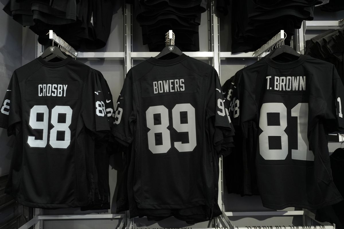 Dec 22, 2024; Las Vegas, Nevada, USA; Las Vegas Raiders jerseys at the Raider Image store at the C Gates of the Henry Reid International Airport. Mandatory Credit: Kirby Lee-Imagn Images