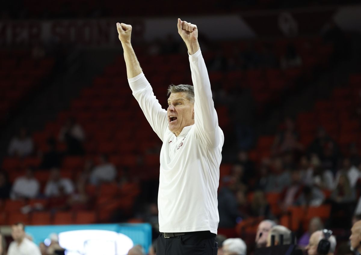 Dec 22, 2024; Norman, Oklahoma, USA; Oklahoma Sooners head coach Porter Moser gestures to his team during a play against the Central Arkansas Bears during the second half at Lloyd Noble Center. Mandatory Credit: Alonzo Adams-Imagn Images