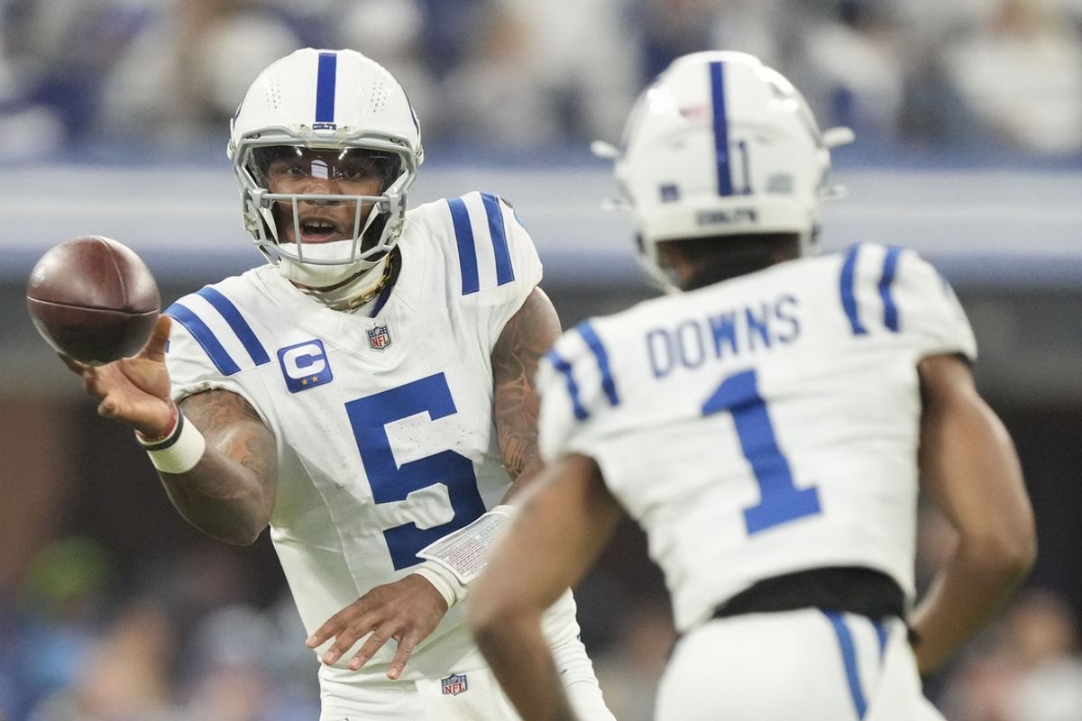 Dec 22, 2024; Indianapolis, Indiana, USA; Indianapolis Colts quarterback Anthony Richardson (5) passes to Indianapolis Colts wide receiver Josh Downs (1) during a game against the Tennessee Titans at Lucas Oil Stadium at Lucas Oil Stadium. Mandatory Credit: Grace Hollars/USA Today Network via Imagn Images