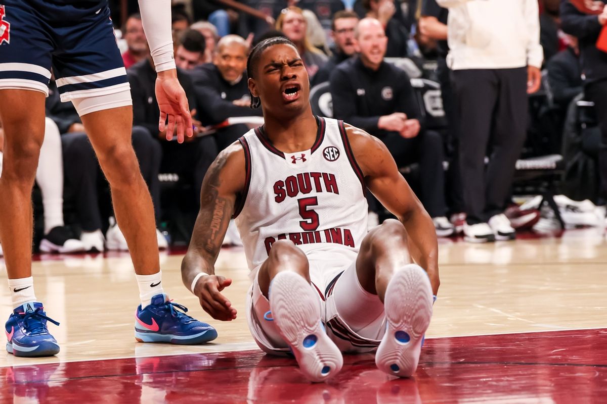 Dec 22, 2024; Columbia, South Carolina, USA; South Carolina Gamecocks forward Nick Pringle (5) reacts to a play against the Radford Highlanders in the second half at Colonial Life Arena. Mandatory Credit: Jeff Blake-Imagn Images
