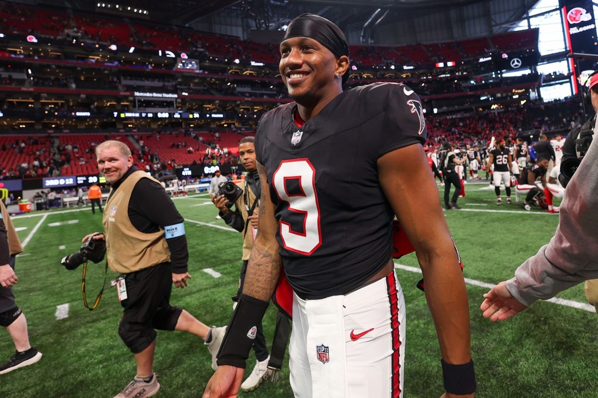 Dec 22, 2024; Atlanta, Georgia, USA; Atlanta Falcons quarterback Michael Penix Jr. (9) celebrates after a victory over the New York Giants at Mercedes-Benz Stadium. Mandatory Credit: Brett Davis-Imagn Images