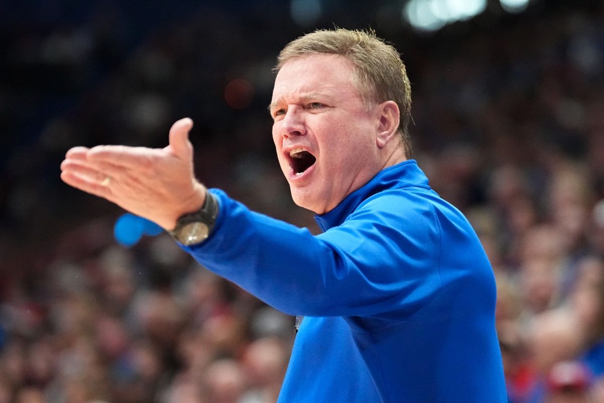 Dec 22, 2024; Lawrence, Kansas, USA; Kansas Jayhawks head coach Bill Self reacts to play against the Brown Bears during the second half at Allen Fieldhouse. Mandatory Credit: Denny Medley-Imagn Images