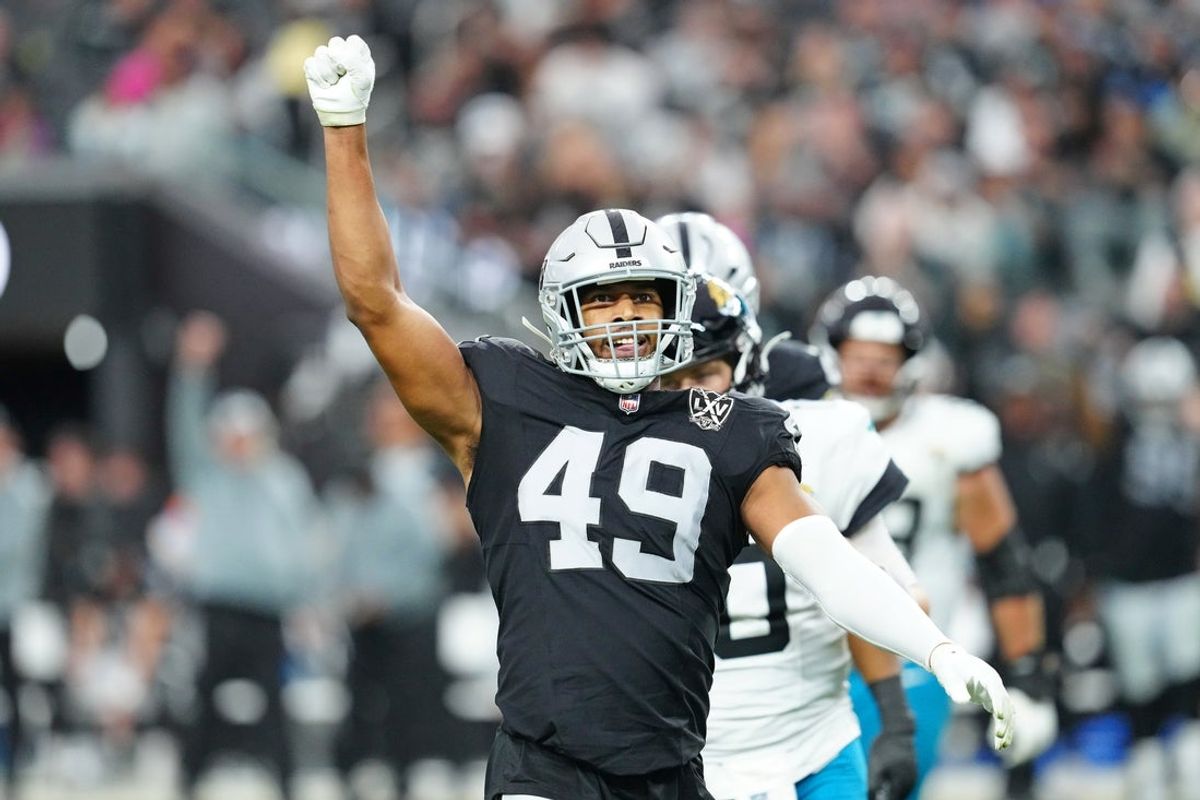 Dec 22, 2024; Paradise, Nevada, USA; Las Vegas Raiders defensive end Charles Snowden (49) celebrates after a play against the Jacksonville Jaguars during the second quarter at Allegiant Stadium. Mandatory Credit: Stephen R. Sylvanie-Imagn Images