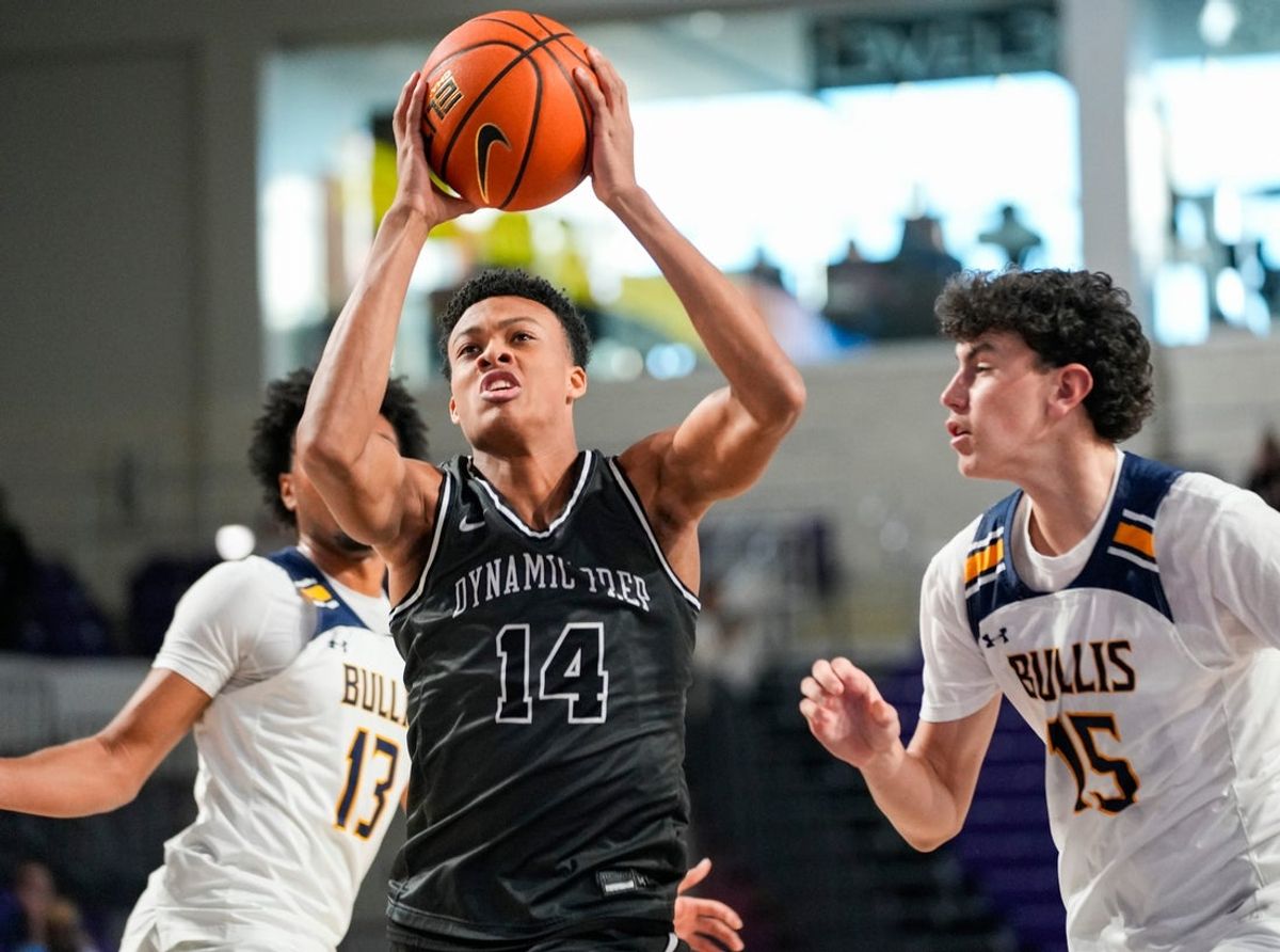 Dynamic Prep guard Ryan Hampton (14) drives to the basket during the second quarter of the City of Palms Classic signature series championship game against the Bullis Bulldogs at Suncoast Credit Union Arena in Fort Myers, Fla., on Sunday, Dec. 22, 2024.