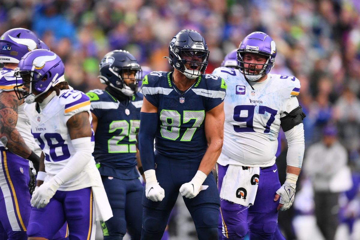 Dec 22, 2024; Seattle, Washington, USA; Seattle Seahawks tight end Noah Fant (87) celebrates after a first down against the Minnesota Vikings during the second half at Lumen Field. Mandatory Credit: Steven Bisig-Imagn Images