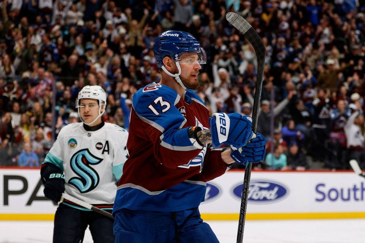 Dec 22, 2024; Denver, Colorado, USA; Colorado Avalanche right wing Valeri Nichushkin (13) reacts after his goal in the second period against the Seattle Kraken at Ball Arena. Mandatory Credit: Isaiah J. Downing-Imagn Images