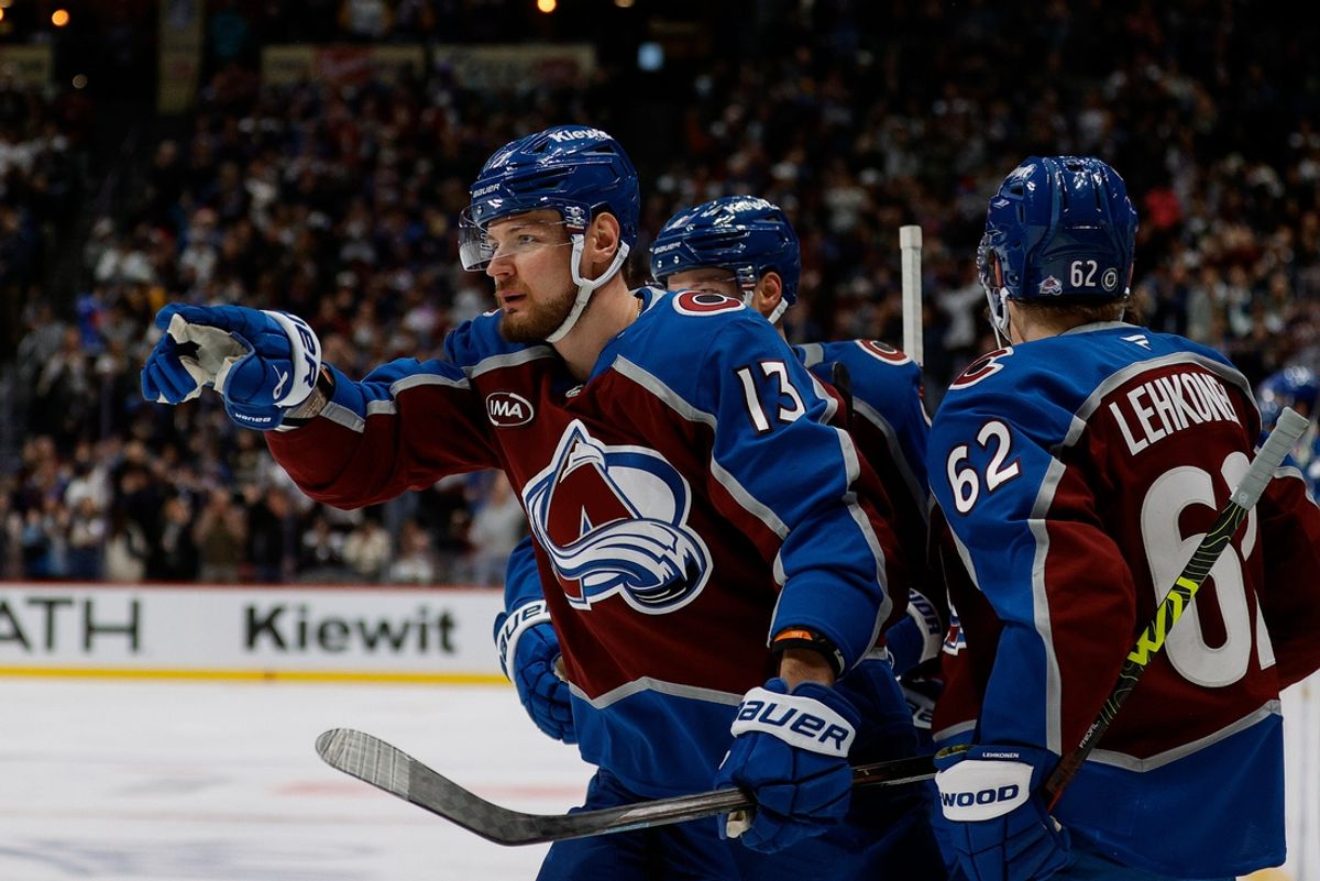 Dec 22, 2024; Denver, Colorado, USA; Colorado Avalanche right wing Valeri Nichushkin (13) reacts with left wing Artturi Lehkonen (62) and defenseman Cale Makar (8) after his goal in the second period against the Seattle Kraken at Ball Arena. Mandatory Credit: Isaiah J. Downing-Imagn Images