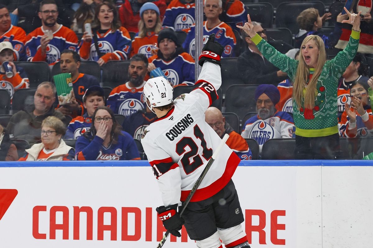 Dec 22, 2024; Edmonton, Alberta, CAN; Ottawa Senators forward Nick Cousins (21) celebrates his goal scored during the second period against the Edmonton Oilers at Rogers Place. Mandatory Credit: Perry Nelson-Imagn Images