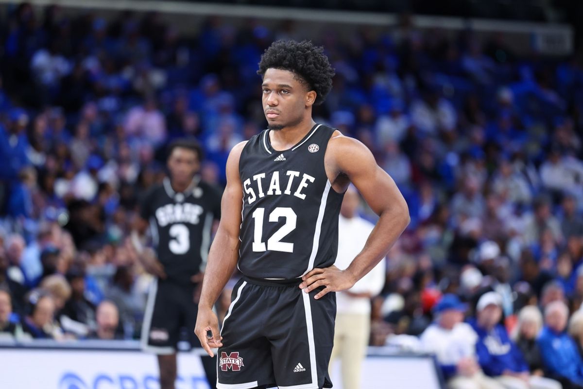 Dec 21, 2024; Memphis, Tennessee, USA; Mississippi State Bulldogs guard Josh Hubbard (12) looks on against the Memphis Tigers during the first half at FedExForum. Mandatory Credit: Wesley Hale-Imagn Images