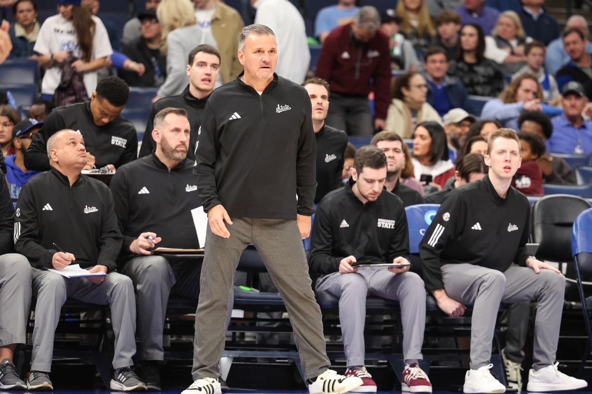 Dec 21, 2024; Memphis, Tennessee, USA; Mississippi State Bulldogs head coach Chris Jans looks on against the Memphis Tigers during the first half at FedExForum. Mandatory Credit: Wesley Hale-Imagn Images