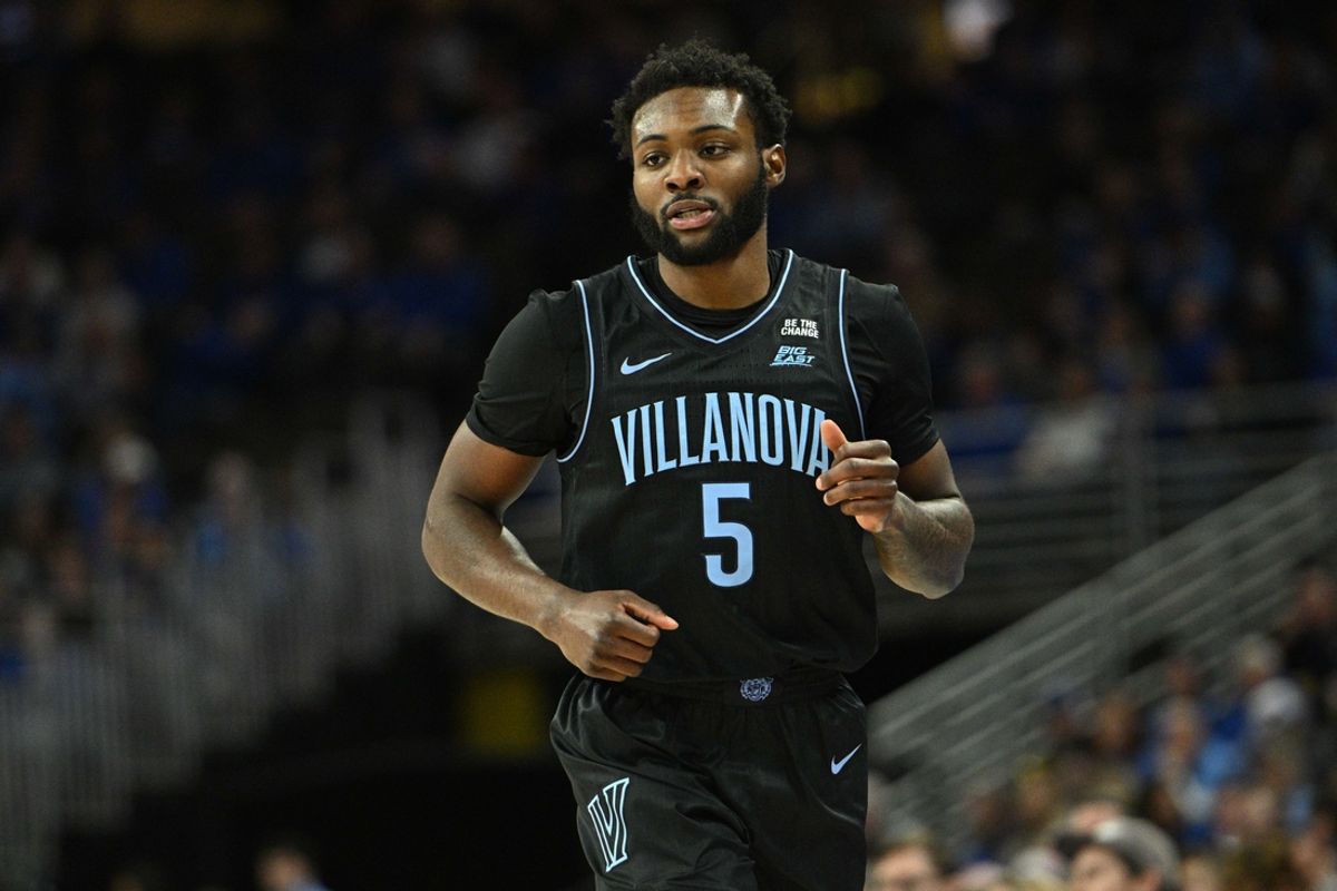 Dec 21, 2024; Omaha, Nebraska, USA;  Villanova Wildcats guard Wooga Poplar (5) on the court against the Creighton Bluejays in the first half at CHI Health Center Omaha. Mandatory Credit: Steven Branscombe-Imagn Images