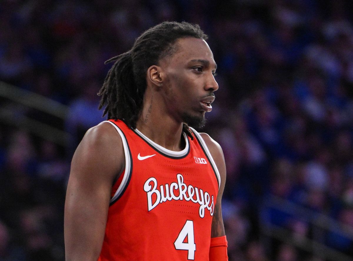 Dec 21, 2024; New York, New York, USA; Ohio State Buckeyes forward Aaron Bradshaw (4) during the first half against the Kentucky Wildcats at Madison Square Garden. Mandatory Credit: John Jones-Imagn Images