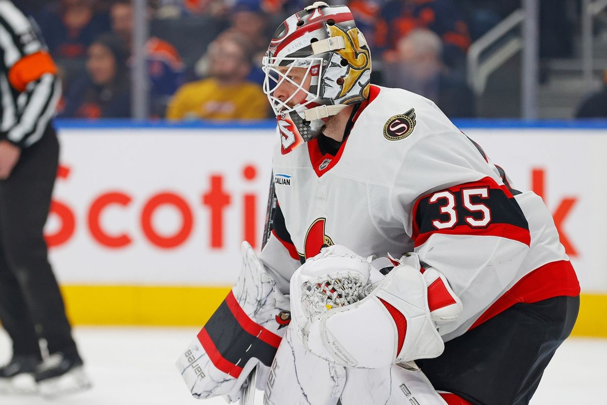 Dec 22, 2024; Edmonton, Alberta, CAN; Ottawa Senators goaltender Linus Ullmark (35) gets ready to face a shot against the Edmonton Oilers at Rogers Place. Mandatory Credit: Perry Nelson-Imagn Images