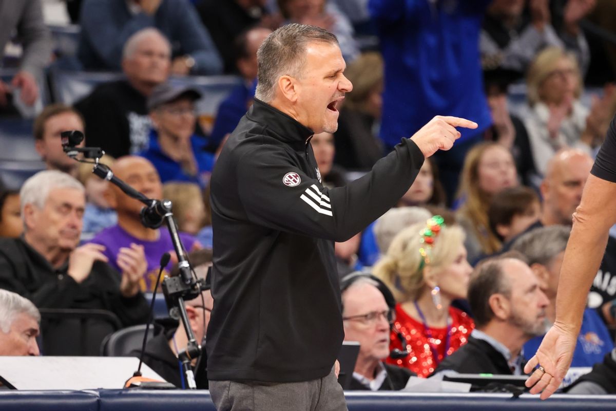 Dec 21, 2024; Memphis, Tennessee, USA; Mississippi State Bulldogs head coach Chris Jans reacts against the Memphis Tigers during the first half at FedExForum. Mandatory Credit: Wesley Hale-Imagn Images