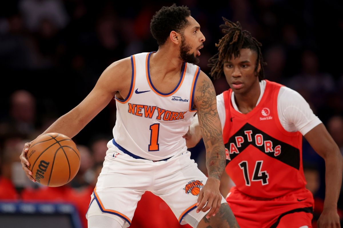 Dec 23, 2024; New York, New York, USA; New York Knicks guard Cameron Payne (1) controls the ball against Toronto Raptors guard Ja'Kobe Walter (14) during the first quarter at Madison Square Garden. Mandatory Credit: Brad Penner-Imagn Images