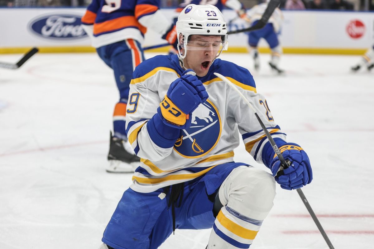 Dec 23, 2024; Elmont, New York, USA;  Buffalo Sabres left wing Beck Malenstyn (29) celebrates after scoring a goal in the first period against the New York Islanders at UBS Arena. Mandatory Credit: Wendell Cruz-Imagn Images