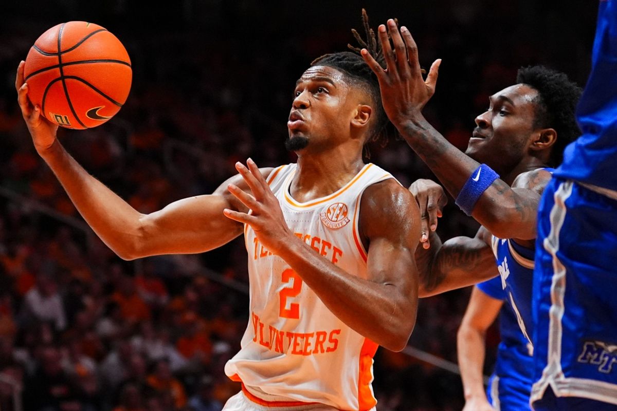 Tennessee guard Chaz Lanier (2) attempts a shot during a college basketball game between Tennessee and MTSU held at Thompson-Boling Arena at Food City Center in Knoxville, Tenn., on Monday, Dec. 23, 2024.