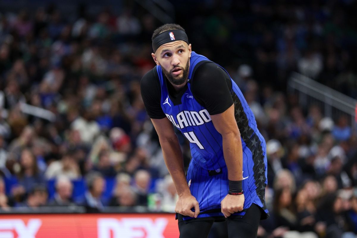 Dec 23, 2024; Orlando, Florida, USA; Orlando Magic guard Jalen Suggs (4) looks on against the Boston Celtics in the third quarter at Kia Center. Mandatory Credit: Nathan Ray Seebeck-Imagn Images