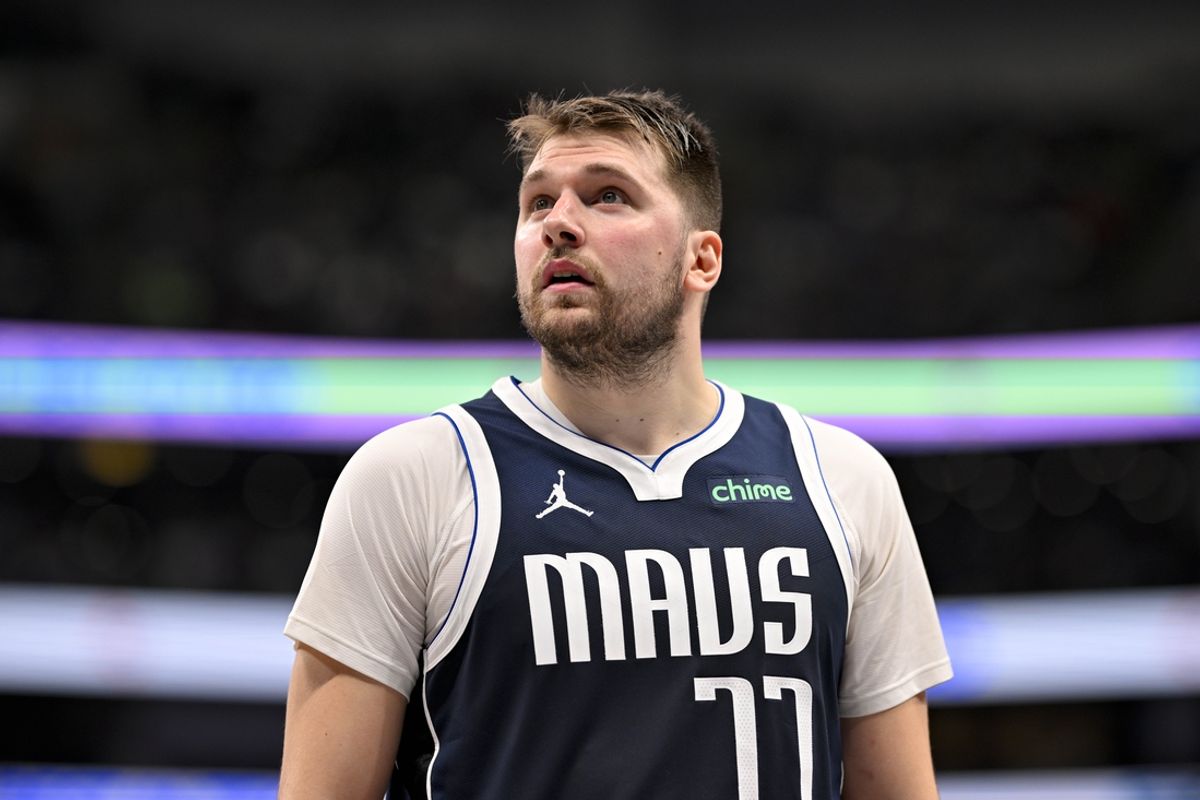 Dec 23, 2024; Dallas, Texas, USA; Dallas Mavericks guard Luka Doncic (77) checks the scoreboard during the second half against the Portland Trail Blazers at the American Airlines Center. Mandatory Credit: Jerome Miron-Imagn Images