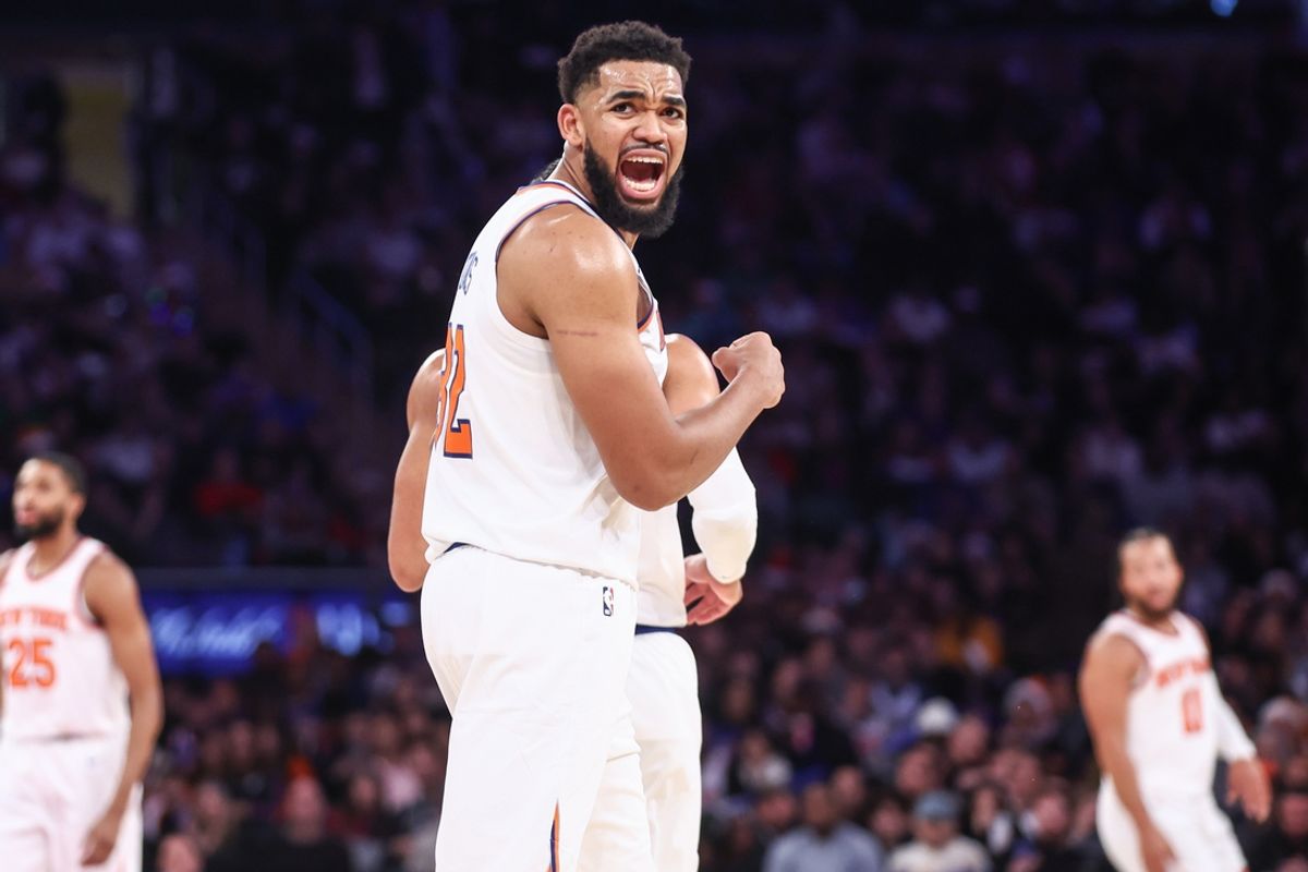 Dec 25, 2024; New York, New York, USA;  New York Knicks center Karl-Anthony Towns (32) argues with an official in the third quarter against the San Antonio Spurs at Madison Square Garden. Mandatory Credit: Wendell Cruz-Imagn Images