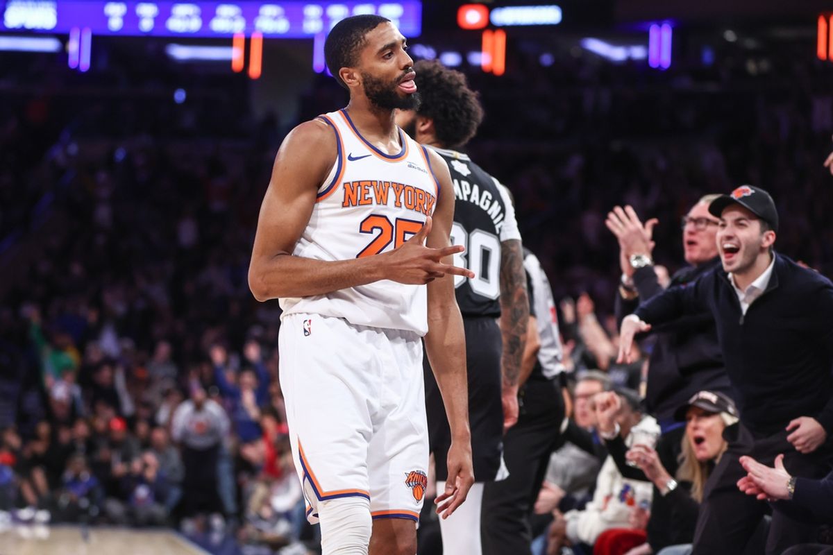 Dec 25, 2024; New York, New York, USA;  New York Knicks forward Mikal Bridges (25) gestures after making a three point shot in the third quarter against the San Antonio Spurs at Madison Square Garden. Mandatory Credit: Wendell Cruz-Imagn Images