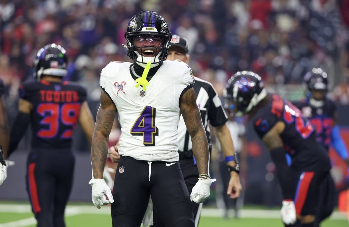 Dec 25, 2024; Houston, Texas, USA; Baltimore Ravens wide receiver Zay Flowers (4) reacts after his first down catch against the Houston Texans  in the first quarter at NRG Stadium. Mandatory Credit: Thomas Shea-Imagn Images