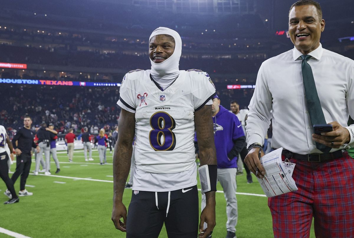 Dec 25, 2024; Houston, Texas, USA;  Baltimore Ravens quarterback Lamar Jackson (8) smiles while walking off the field after the game against the Houston Texans at NRG Stadium. Mandatory Credit: Troy Taormina-Imagn Images