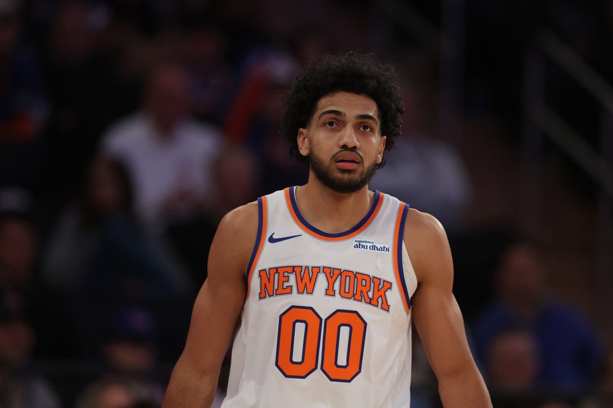 Dec 23, 2024; New York, New York, USA; New York Knicks forward Jacob Toppin (00) during the fourth quarter at Madison Square Garden. Mandatory Credit: Brad Penner-Imagn Images