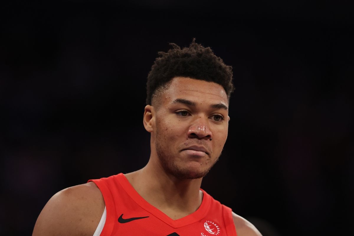 Dec 23, 2024; New York, New York, USA; Toronto Raptors center Ulrich Chomche (22) during the fourth quarter at Madison Square Garden. Mandatory Credit: Brad Penner-Imagn Images