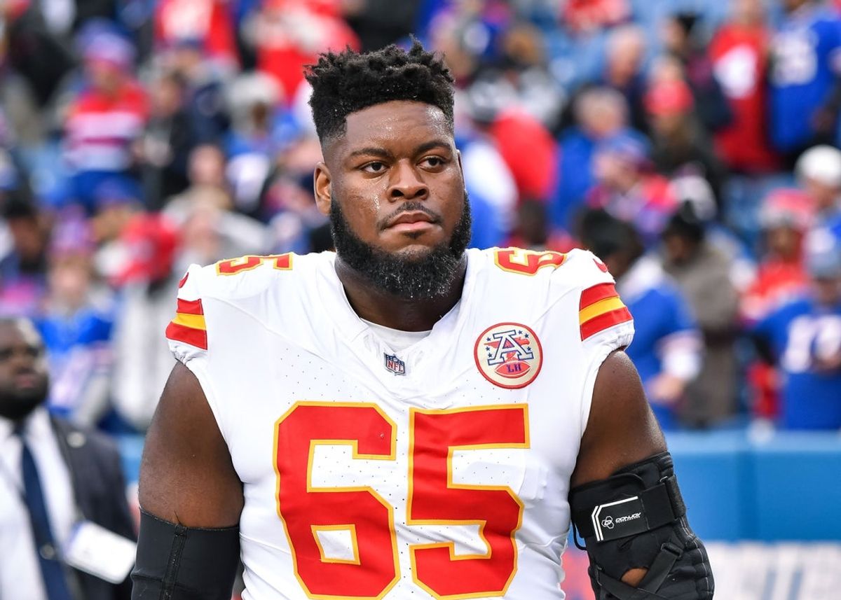 Nov 17, 2024; Orchard Park, New York, USA; Kansas City Chiefs guard Trey Smith (65) leaves the field after warm ups before a game against the Buffalo Bills at Highmark Stadium. Mandatory Credit: Mark Konezny-Imagn Images
