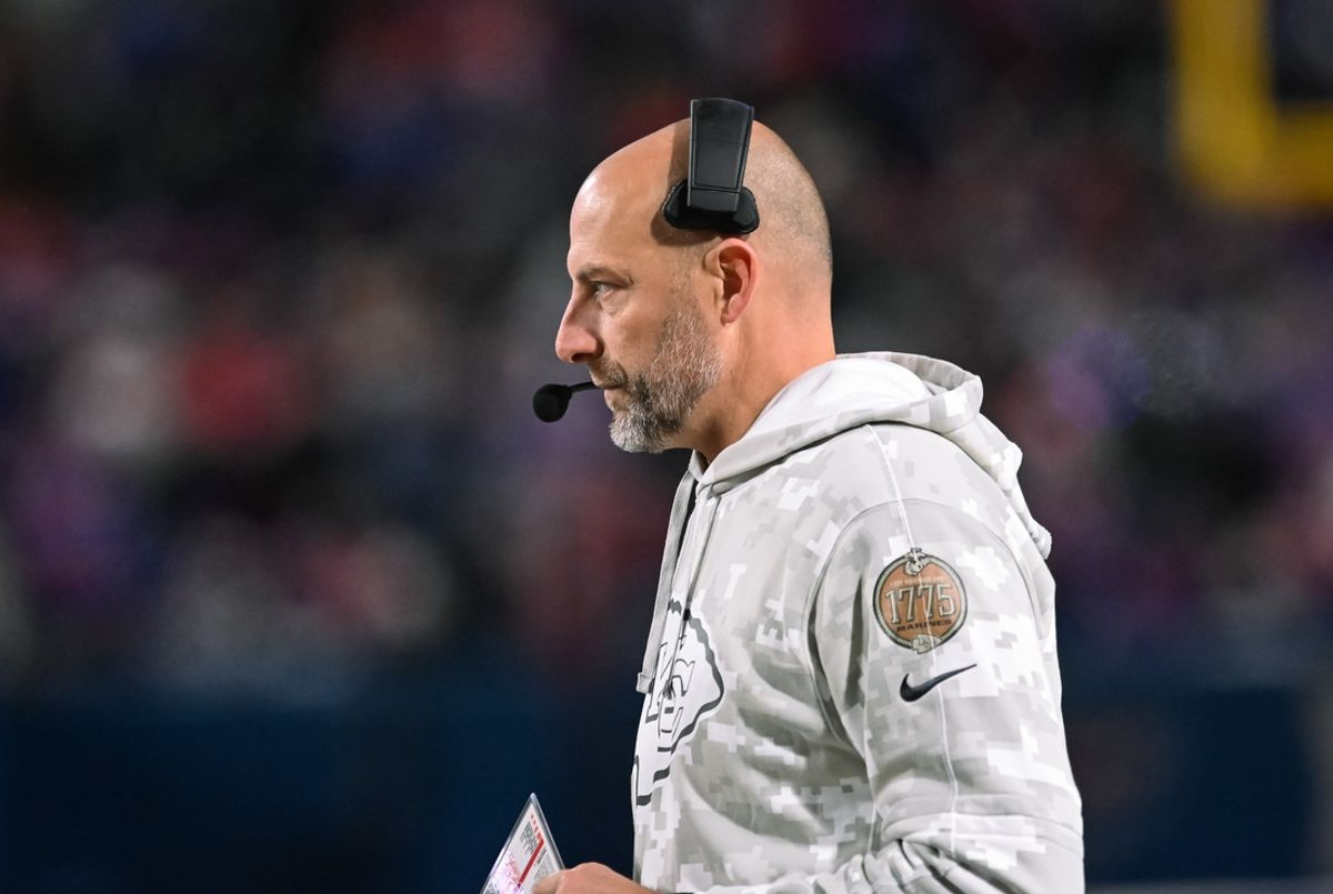 Nov 17, 2024; Orchard Park, New York, USA; Kansas City Chiefs offensive coordinator Matt Nagy on the sidelines in the third quarter against the Buffalo Bills at Highmark Stadium. Mandatory Credit: Mark Konezny-Imagn Images