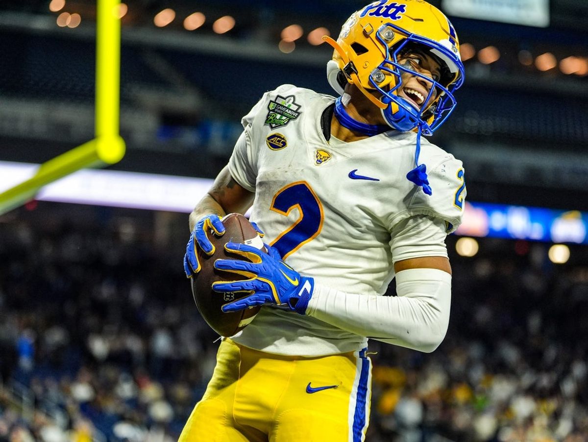Pittsburgh Panthers wide receiver Kenny Johnson (2) celebrates his touchdown during one of the six overimes during of the 2024 GameAbove Sports Bowl at Ford Field in Detroit, on Thursday, Dec. 26, 2024.