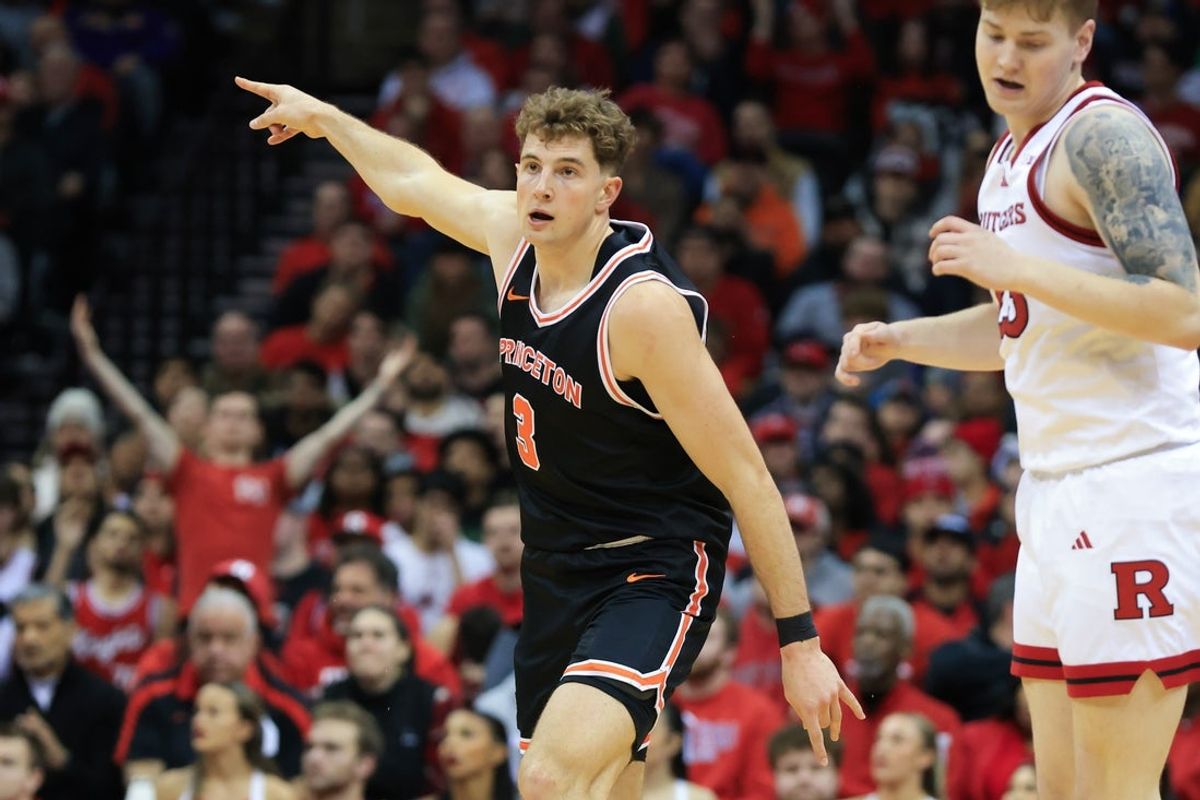 Dec 21, 2024; Newark, New Jersey, USA; Princeton Tigers forward Caden Pierce (3) reacts after scoring a three point basket against the Rutgers Scarlet Knights during the first half at Prudential Center. Mandatory Credit: Tom Horak-Imagn Images