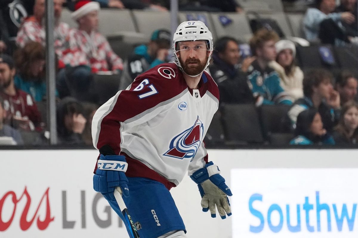 Dec 19, 2024; San Jose, California, USA;  Colorado Avalanche defenseman Keaton Middleton (67) skates back on defense against the San Jose Sharks in the third period at SAP Center at San Jose. Mandatory Credit: David Gonzales-Imagn Images