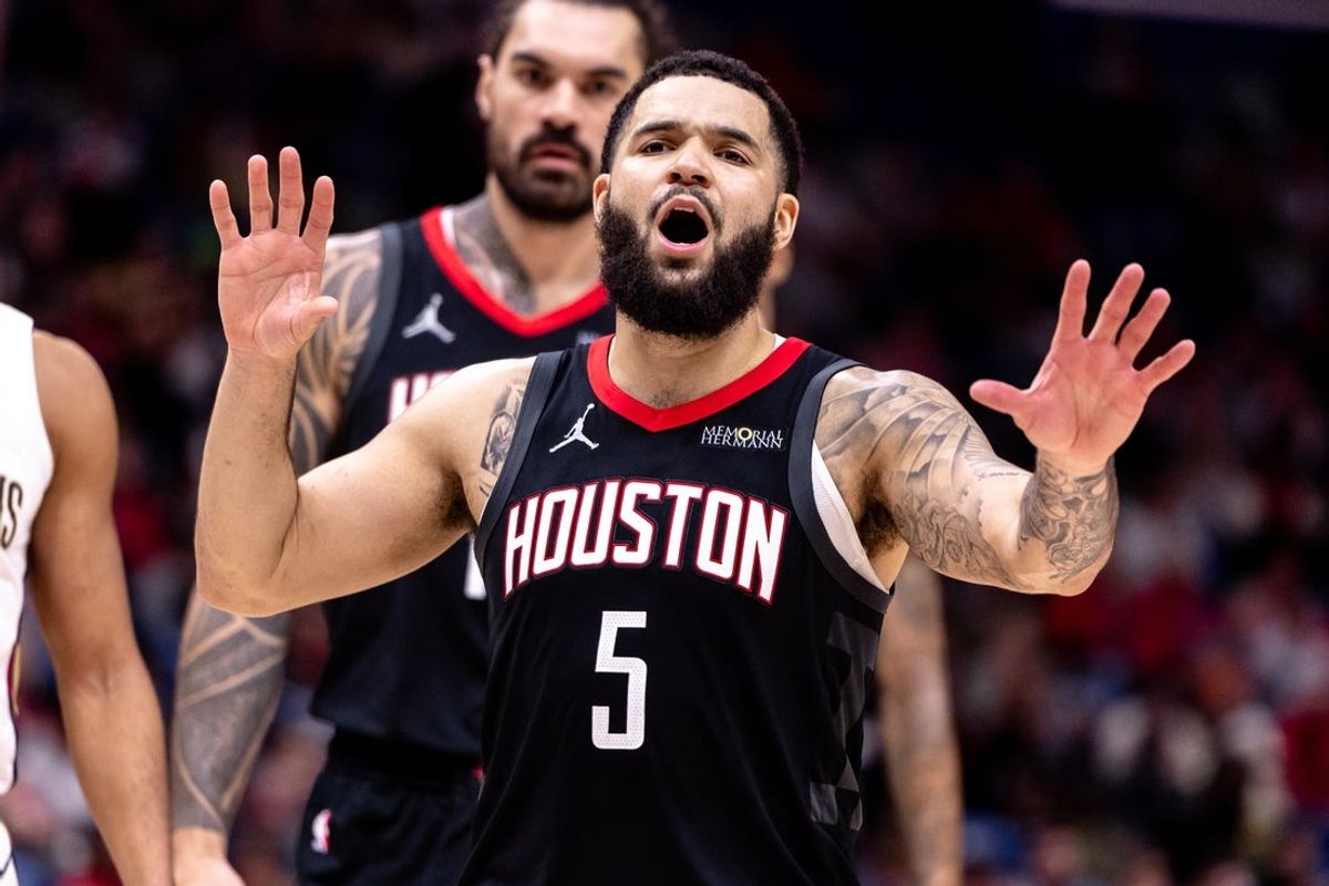 Dec 26, 2024; New Orleans, Louisiana, USA;  Houston Rockets guard Fred VanVleet (5) reacts to a play against the New Orleans Pelicans during the first half at Smoothie King Center. Mandatory Credit: Stephen Lew-Imagn Images