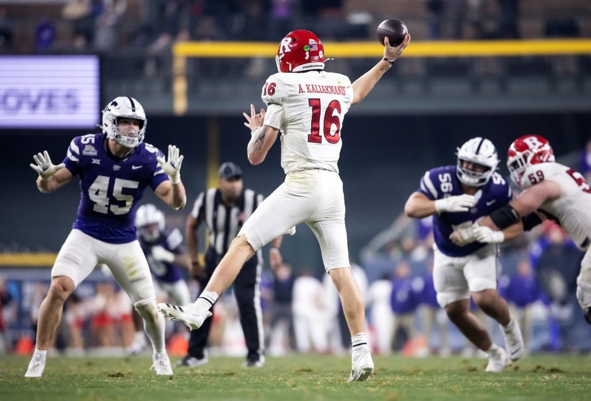 Dec 26, 2024; Phoenix, AZ, USA; Rutgers Scarlet Knights quarterback Athan Kaliakmanis (16) against the Kansas State Wildcats during the second half of the Rate Bowl at Chase Field. Mandatory Credit: Mark J. Rebilas-Imagn Images