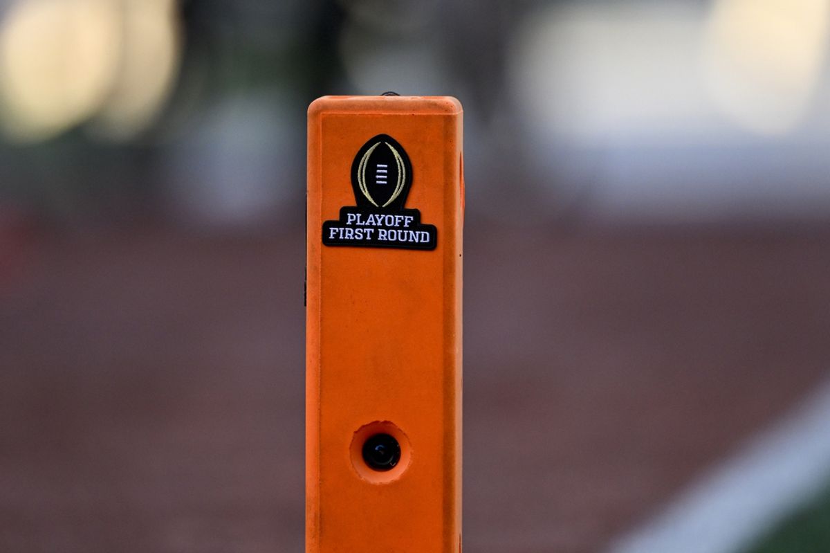Dec 21, 2024; Austin, Texas, USA; A view of the CFP logo and end zone pylon and camera during the game between the Texas Longhorns and the Clemson Tigers in the CFP National Playoff First Round at Darrell K Royal-Texas Memorial Stadium. Mandatory Credit: Jerome Miron-Imagn Images