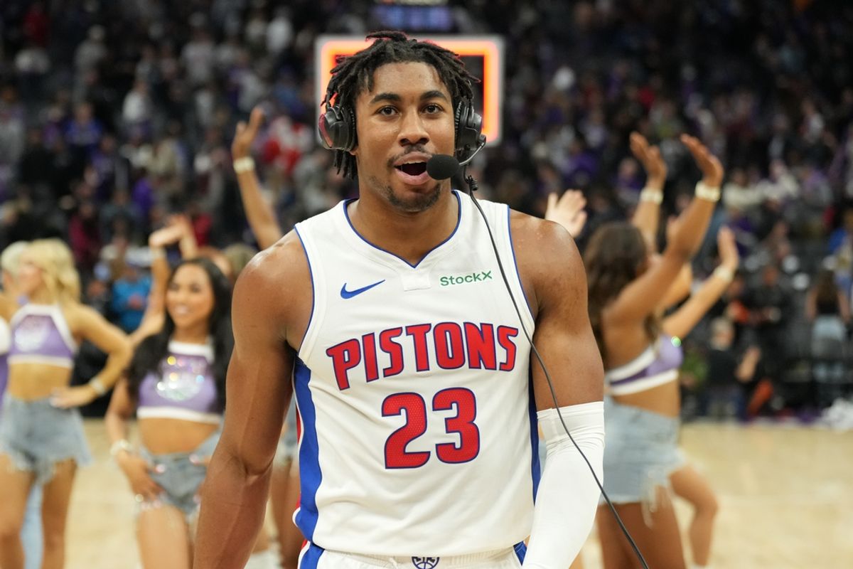 Dec 26, 2024; Sacramento, California, USA; Detroit Pistons guard Jaden Ivey (23) is interviewed after the game after scoring a game-tying three point basket and drawing a foul against the Sacramento Kings, winning the game on a free throw at Golden 1 Center. Mandatory Credit: Kelley L Cox-Imagn Images