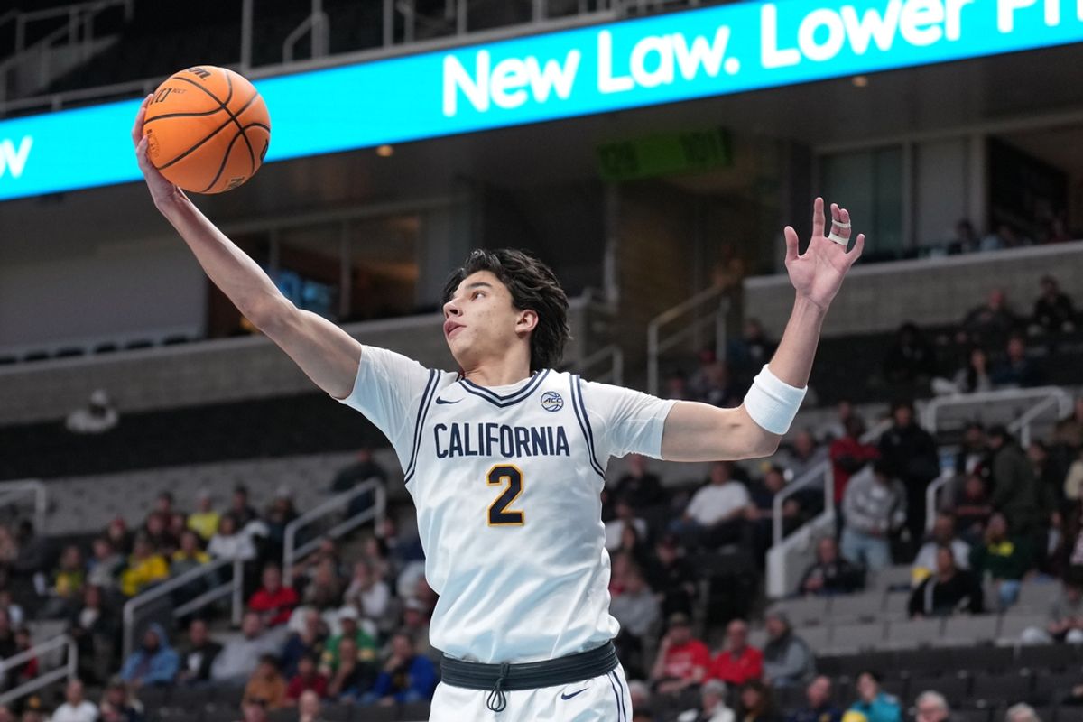 Dec 21, 2024; San Jose, California, USA; California Golden Bears guard Andrej Stojakovic (2) rebounds against the San Diego State Aztecs during the first half at SAP Center. Mandatory Credit: Darren Yamashita-Imagn Images
