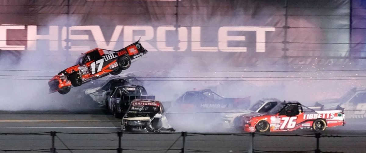 Taylor Gray goes airborne during the NASCAR Craftsman Truck Fresh From Florida 250 at Daytona International Speedway, Friday, Feb. 16, 2024.