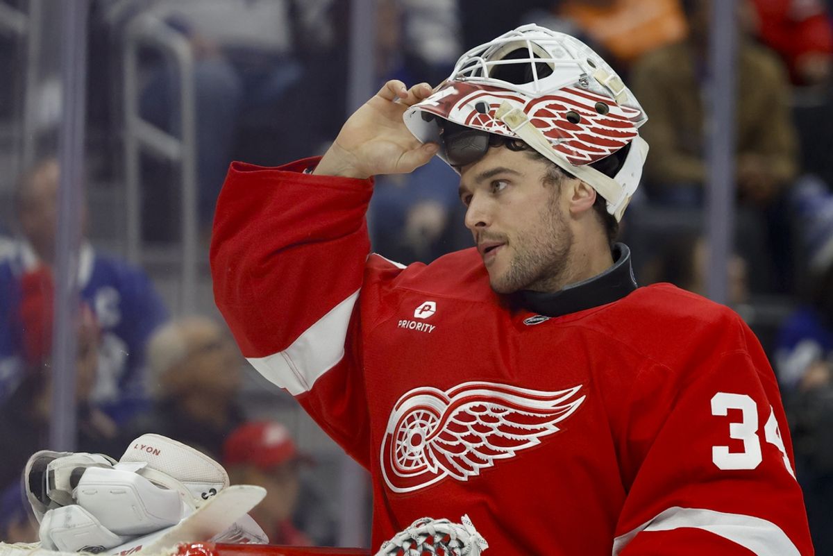 Dec 27, 2024; Detroit, Michigan, USA;  Detroit Red Wings goaltender Alex Lyon (34) gets set in the third period against the Toronto Maple Leafs at Little Caesars Arena. Mandatory Credit: Rick Osentoski-Imagn Images