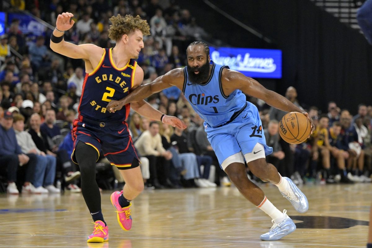 Dec 27, 2024; Inglewood, California, USA; Los Angeles Clippers guard James Harden (1) is defended by Golden State Warriors guard Brandin Podziemski (2) in the first half at Intuit Dome. Mandatory Credit: Jayne Kamin-Oncea-Imagn Images