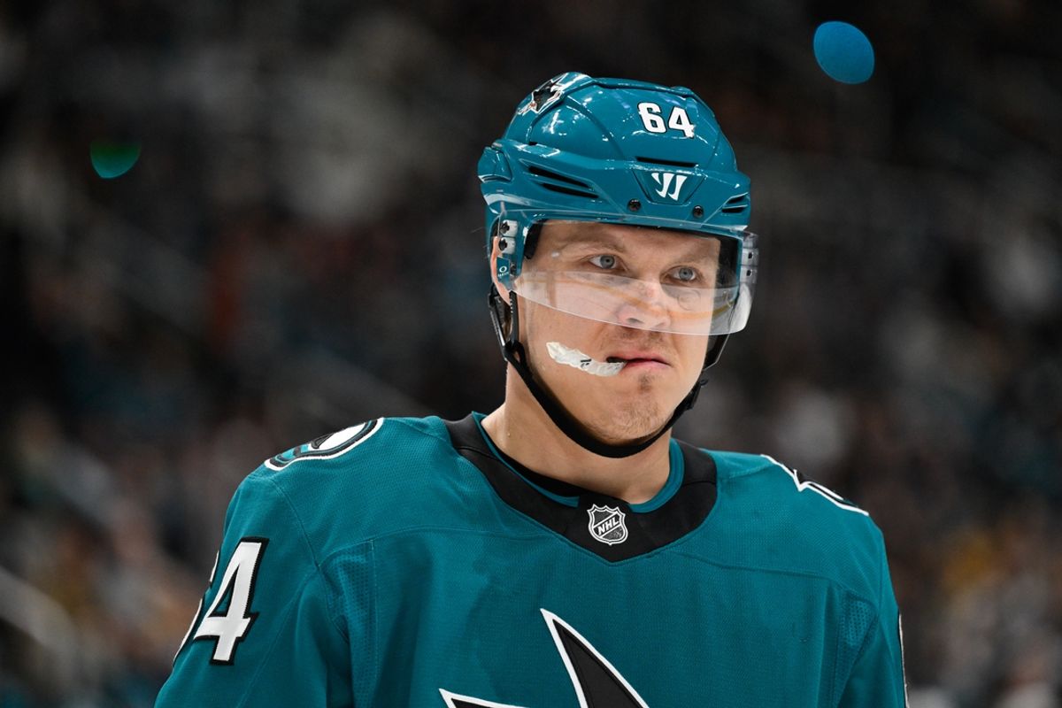 Dec 27, 2024; San Jose, California, USA; San Jose Sharks center Mikael Granlund (64) chews this mouthguard during a break in play against the Vegas Golden Knights in the second period at SAP Center at San Jose. Mandatory Credit: Eakin Howard-Imagn Images