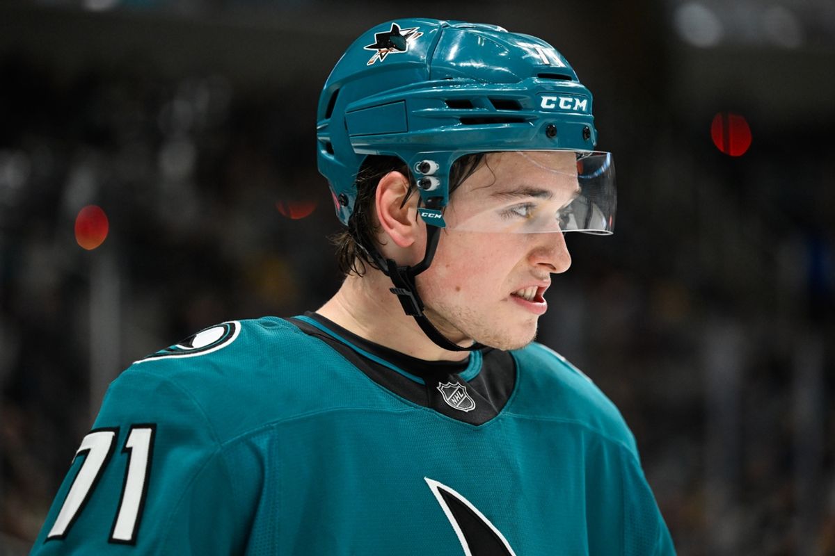 Dec 27, 2024; San Jose, California, USA; San Jose Sharks center Macklin Celebrini (71) skates during a break in play against the Vegas Golden Knights in the third period at SAP Center at San Jose. Mandatory Credit: Eakin Howard-Imagn Images