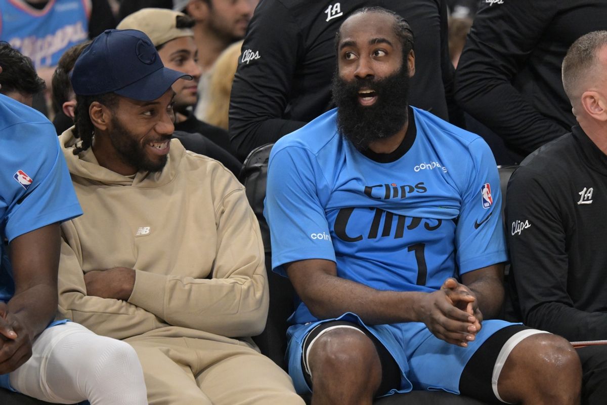 Dec 27, 2024; Inglewood, California, USA; Los Angeles Clippers forward Kawhi Leonard (2) and guard James Harden (1) sit on the bench in the second half against the Golden State Warriors at Intuit Dome. Mandatory Credit: Jayne Kamin-Oncea-Imagn Images