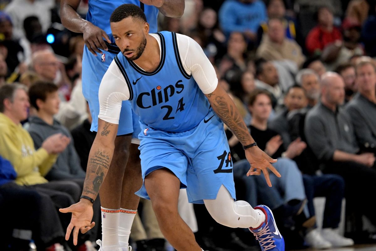 Dec 27, 2024; Inglewood, California, USA; Los Angeles Clippers guard Norman Powell (24) celebrates after a 3-point basket in the second half against the Golden State Warriors at Intuit Dome. Mandatory Credit: Jayne Kamin-Oncea-Imagn Images